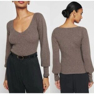 Reformation Hart Cashmere Sweater Size Small Beige  Rib Knit Balloon Sleeve